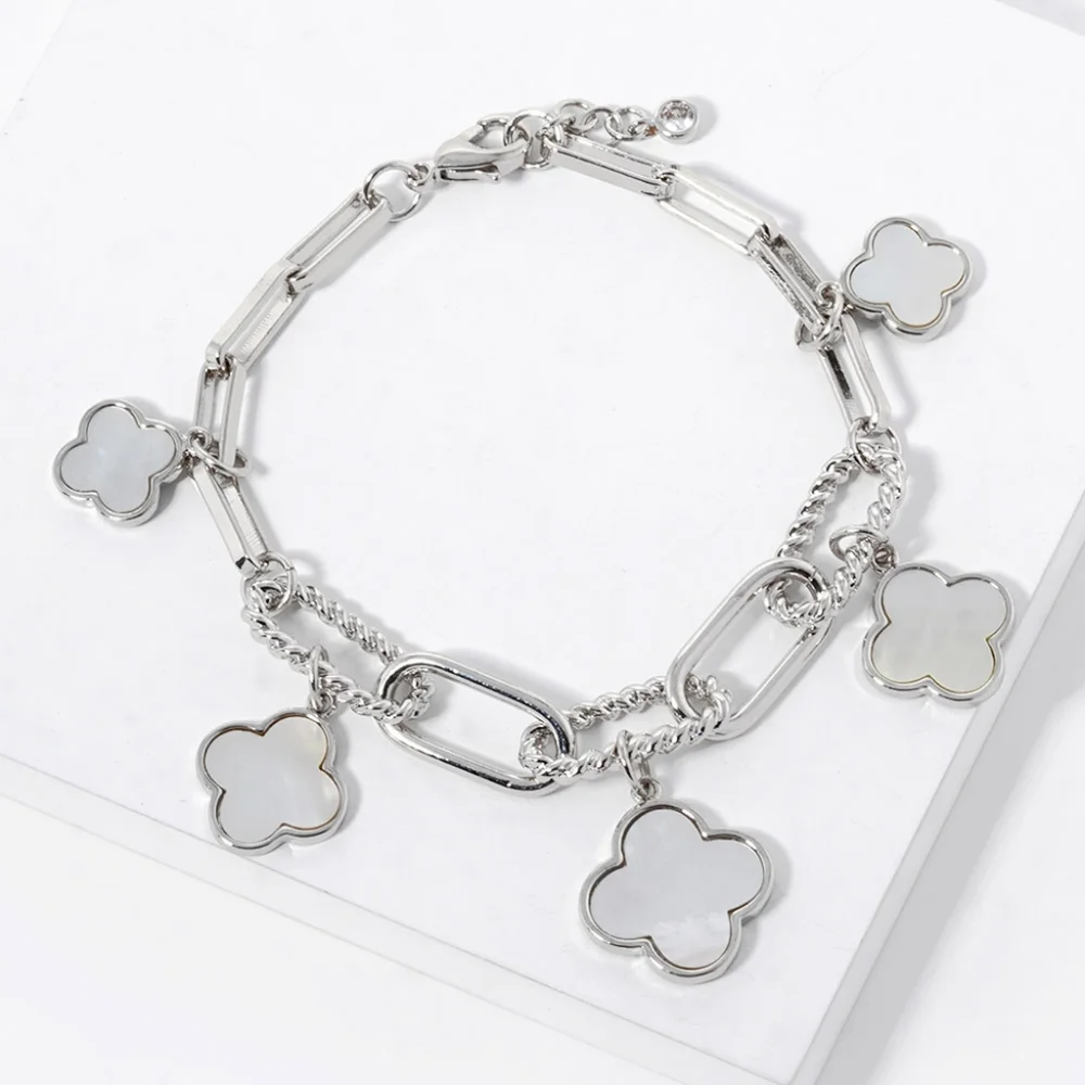 White Gold Clover Mother of Pearl Quatrefoil Station Dangle Charm Bracelet Chain
